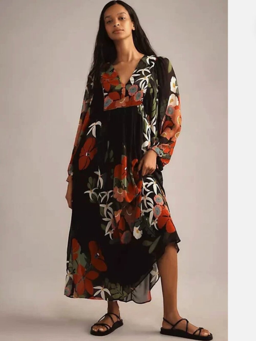 FARM RIO x Anthropologie Long-Sleeve V-Neck Floral Maxi Dress Size Small